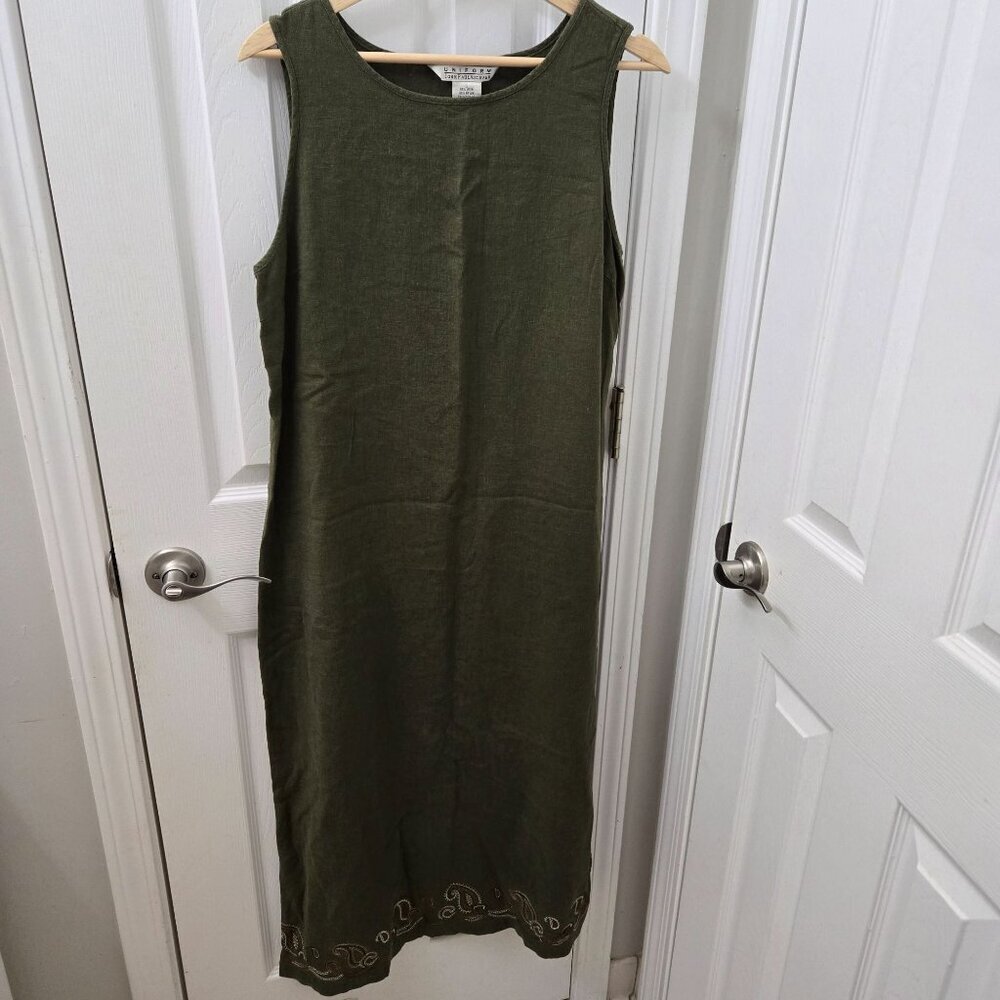 John Paul Richard Olive Green Sleeveless Maxi Dress L‎ Cottagecore Embroidery